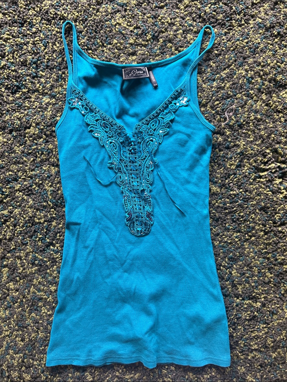 Guess Teal Lace-Trim Tank Top
